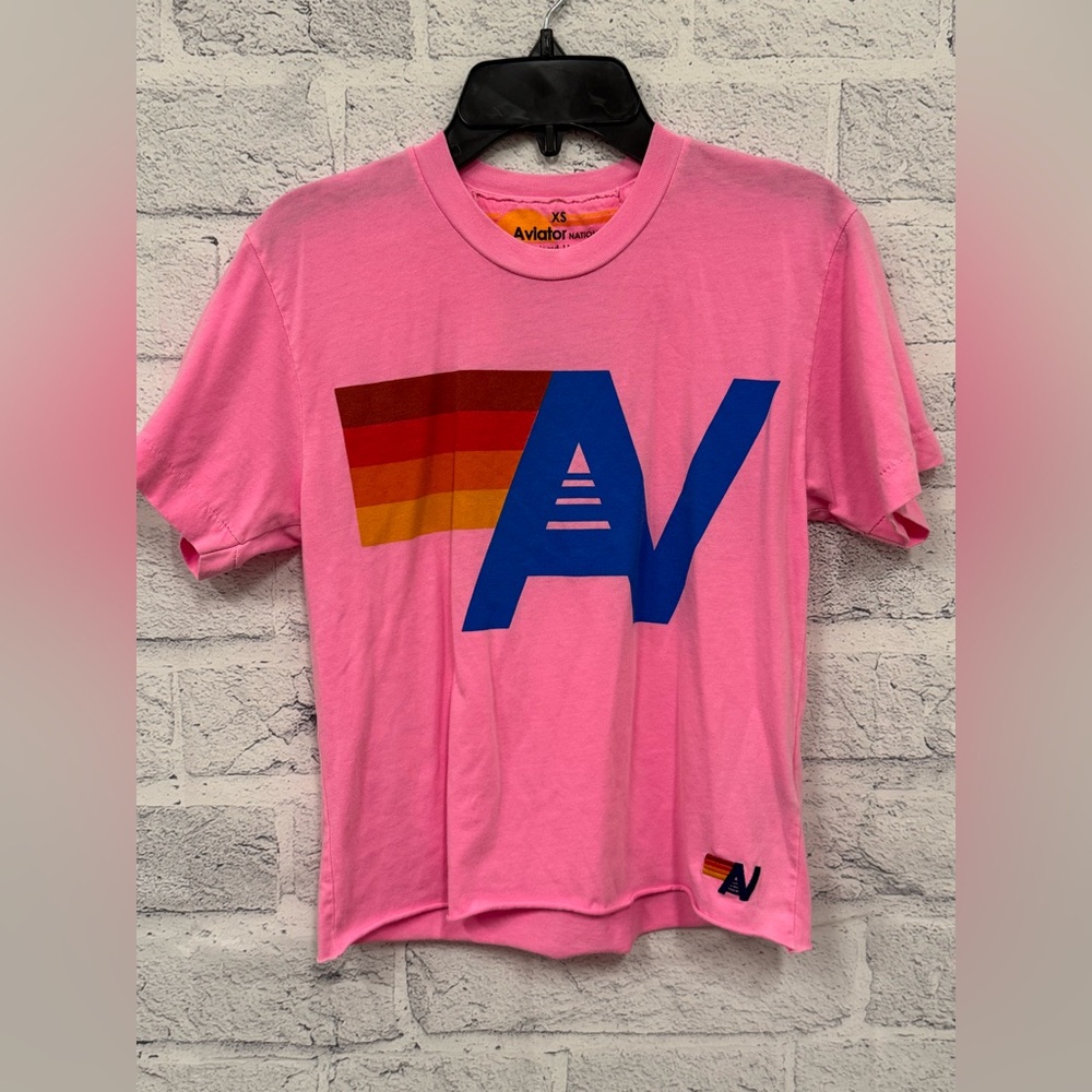 Aviator Nation Pink T-Shirt with Blue and Red Logo Size XS
